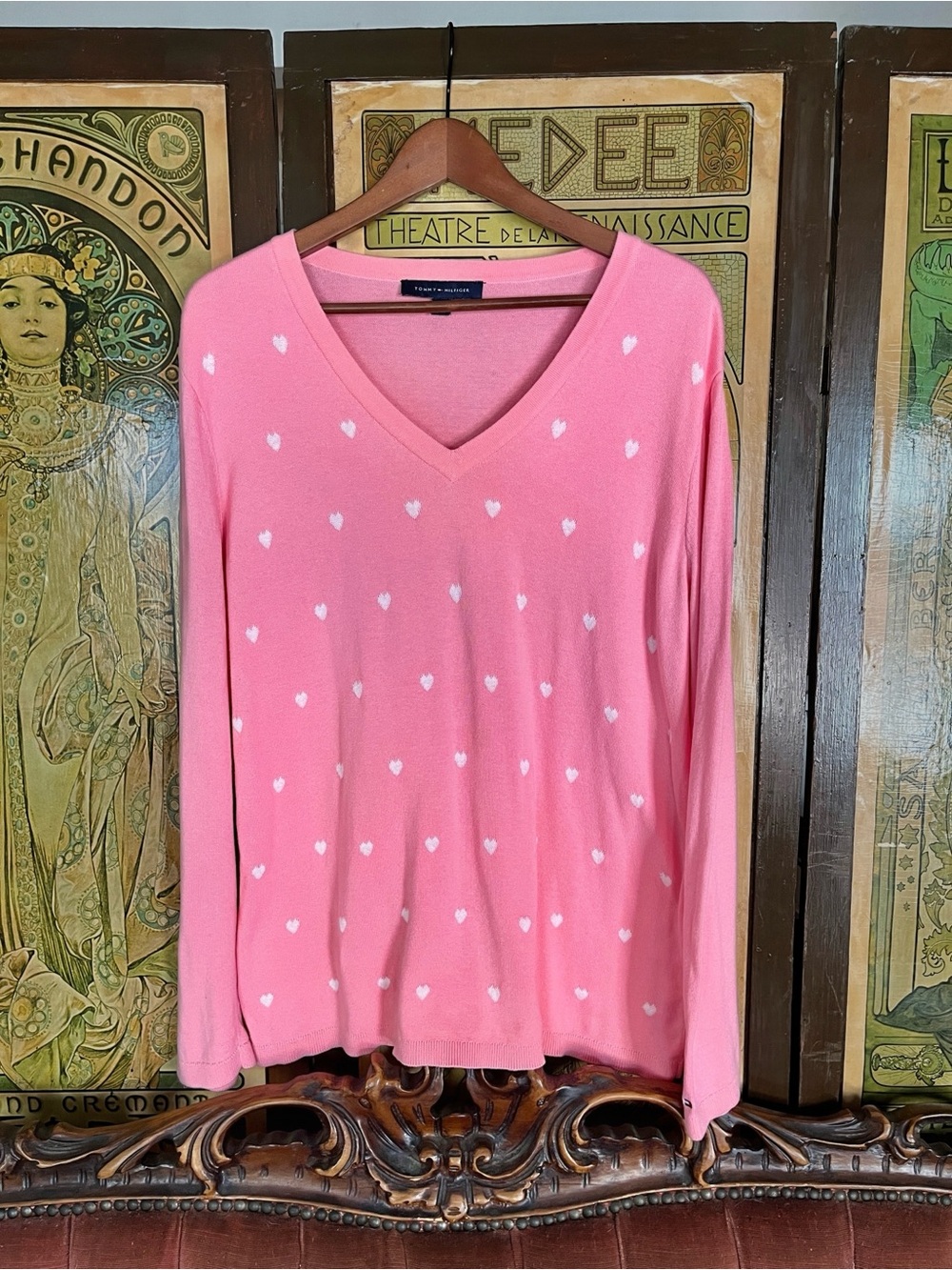 Tommy Hilfiger V-Neck Knit Sweater / Pullover - Pink with White Hearts - Cute!
